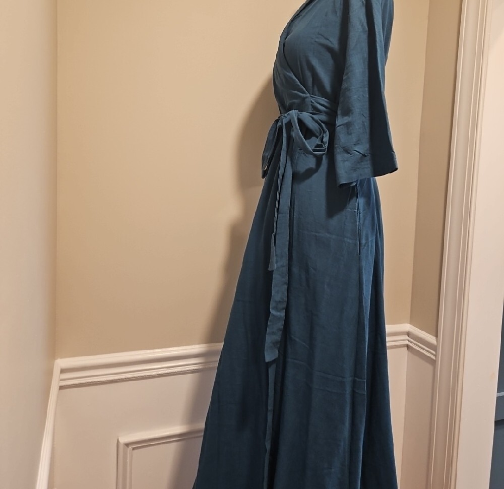 Teal Linen Wrap Maxi Dress - Picture 3 of 4